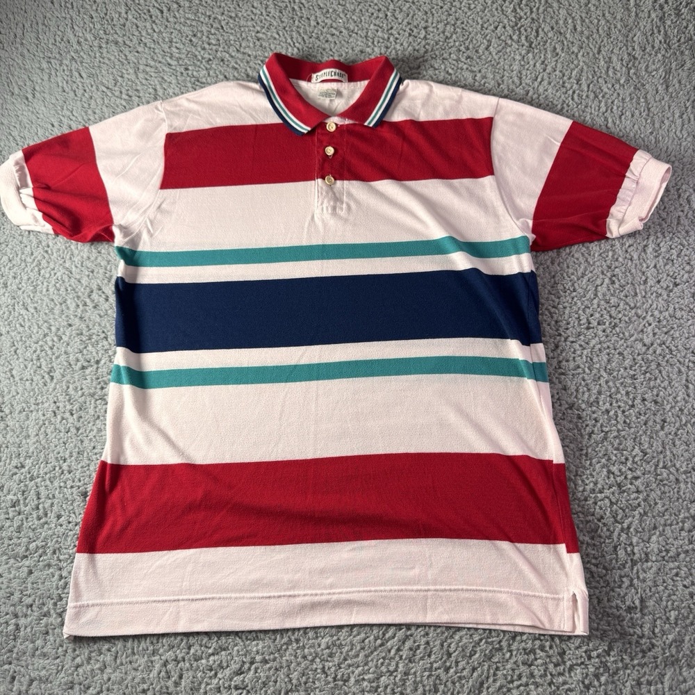 Vintage Steeple Chase Polo Shirt Single Stitch Red Blue Collared Stripes‎ Large